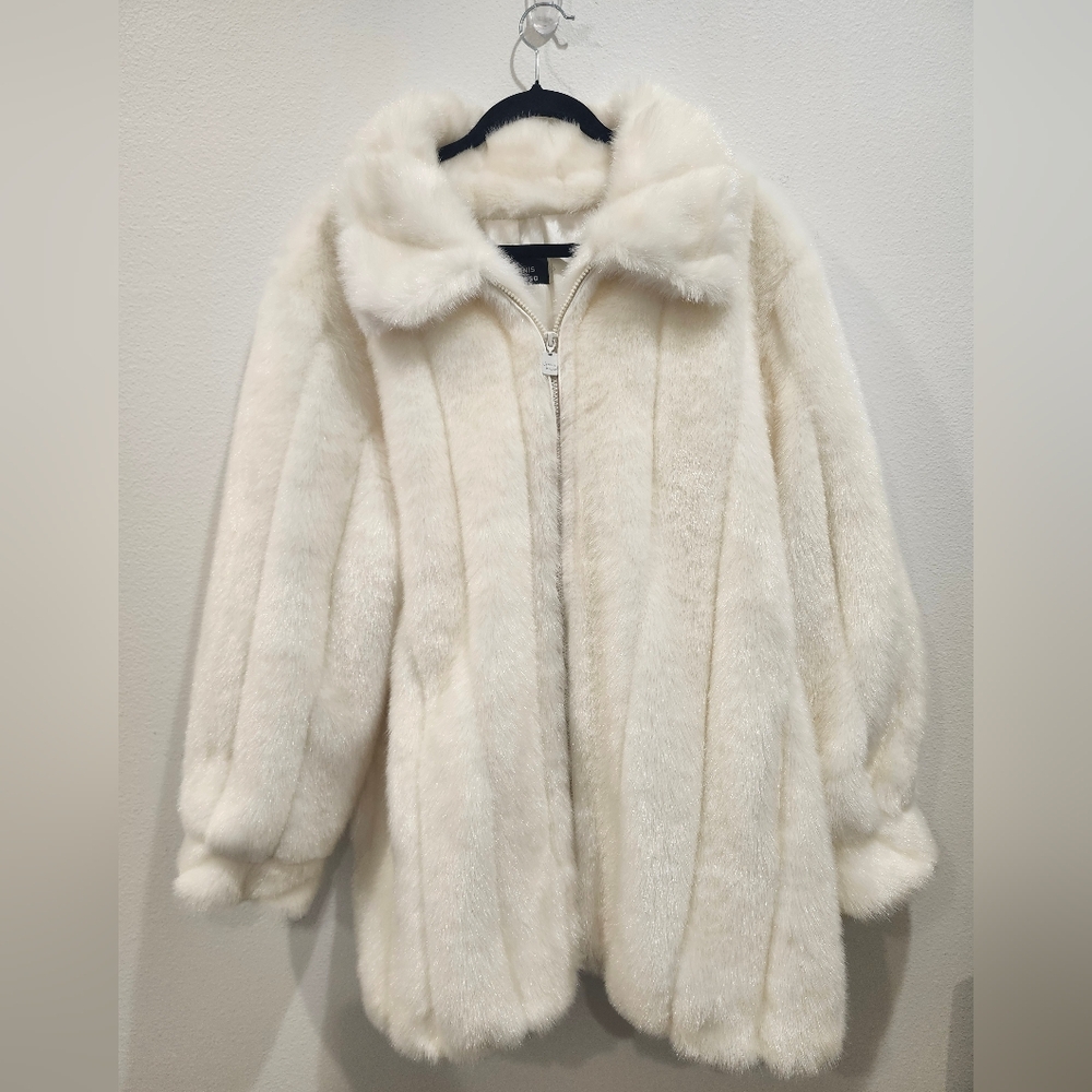 Vintage 80s Dennis Basso Faux Fur Jacket Womens 1X Cream Off-White Mob Wife Luxe